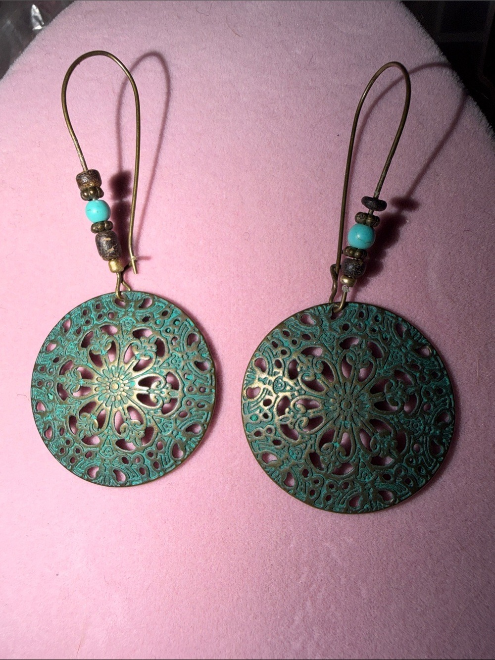 Turquoise Patina Filigree Round Drop Earrings 2.25” Diameter (J0068)
